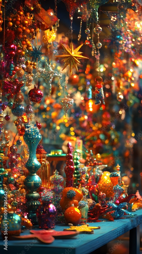 Fototapeta premium Colorful display of holiday decorations and ornaments in a vibrant shop setting.