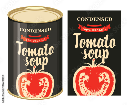 Vector banner for condensed tomato soup. Illustration of a label with a ripe half realistic red tomato and a tin can with this label. Canned food during quarantine, long-term storage product