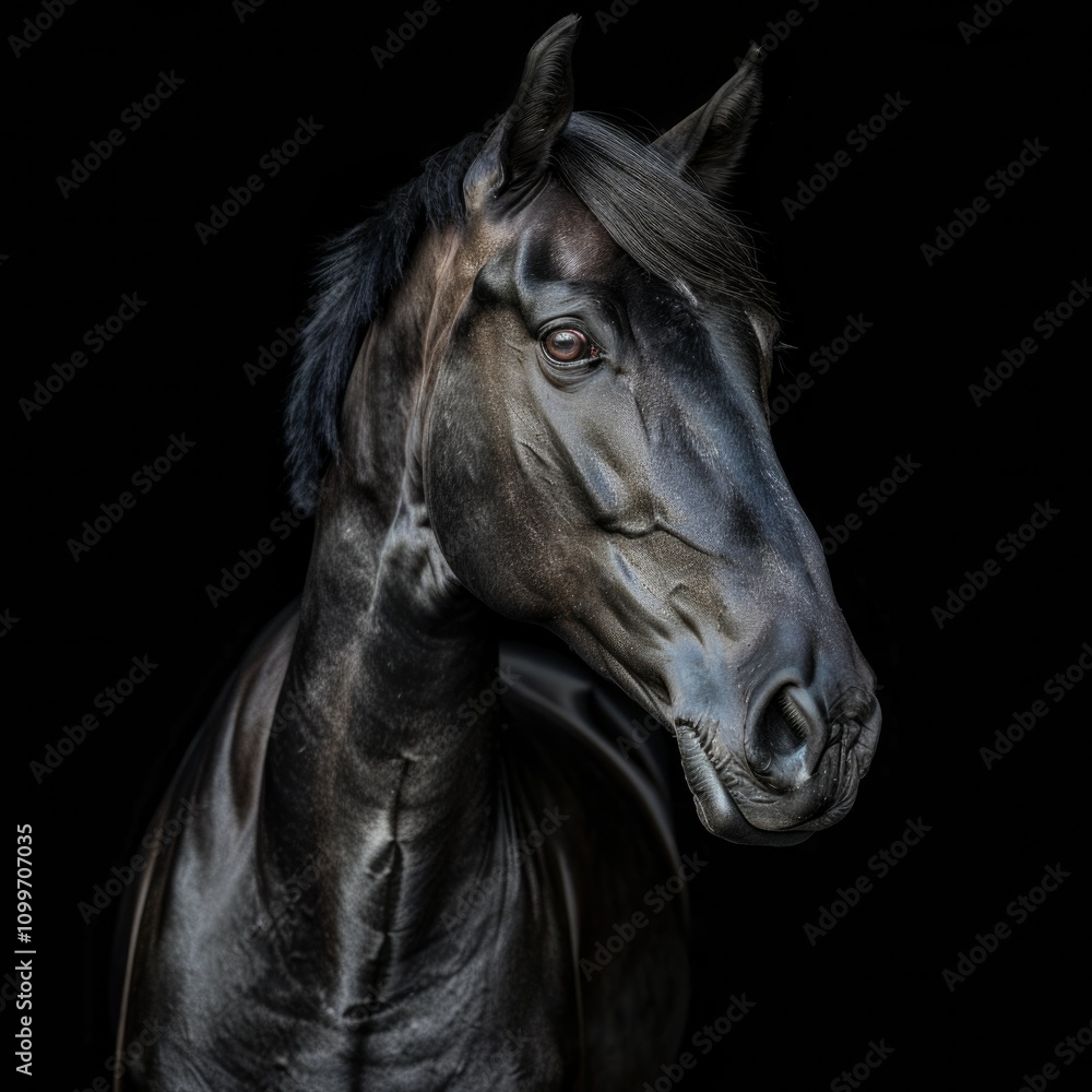 Fototapeta premium Black horse portrait isolated on black Ukrainian horse. horse