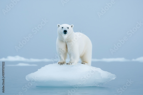 Ein Eisbär steht auf einer Eisscholle im arktischen Meer, Schneeschmelze aufgrund der Klimaerwärmung gefährdet den Lebensraum der Eisbären photo