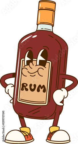 Cartoon groovy rum bottle character with cheerful expression standing confidently with its hands on hips. Isolated vector glass flask alcohol drink or beverage retro personage with evokes funky vibe