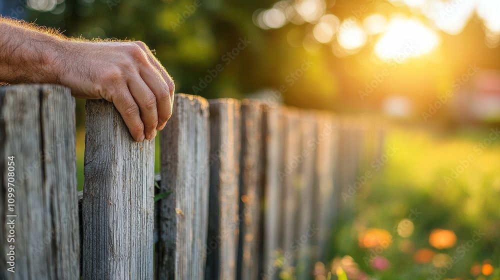 Obraz premium Hand Resting on Wooden Fence at Sunset in a Serene Landscape