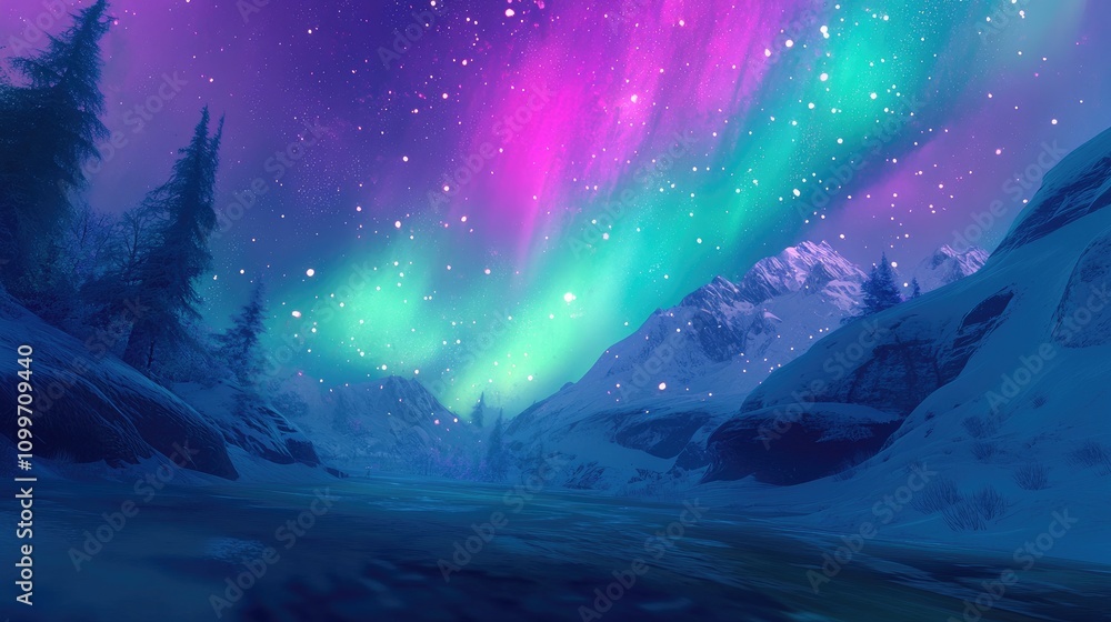 Obraz premium A vibrant aurora borealis dancing across the night sky above a serene, icy landscape, with green and pink lights reflecting on snow