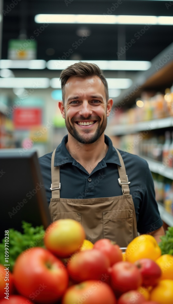Fototapeta premium Friendly supermarket worker smiles at camera. Staff member stands behind fresh produce display. Fruit, vegetables displayed neatly. Worker wears apron. Inside supermarket. Positive customer service