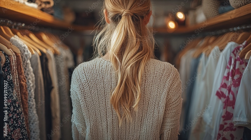 Fototapeta premium Woman Staring at Clothing Rack in Cozy Boutique Environment
