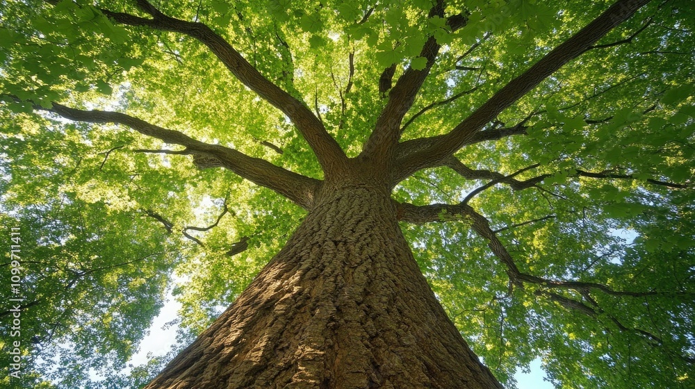 Fototapeta premium Majestic tall tree viewed from below, surrounded by vibrant green foliage, showcasing intricate bark texture and a peaceful forest atmosphere.