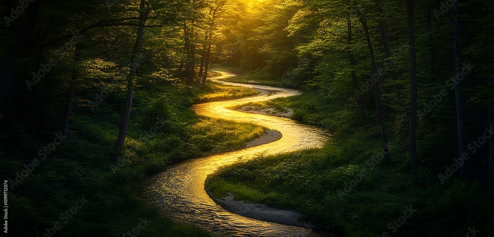Obraz premium A serene river winding through a dense forest with golden sunlight streaming through