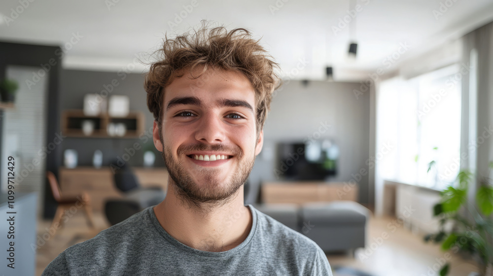Obraz premium Cheerful young man smiling indoors in a bright modern home