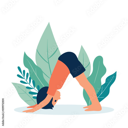 Woman practicing yoga in downward facing dog pose. Flat vector illustration.