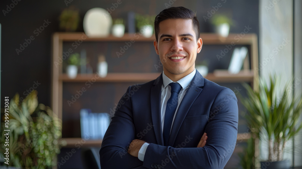 Fototapeta premium Confident young professional smiling in modern office setting