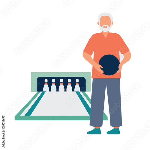 Bowling player flat vector illustration. Old man with bowling ball.