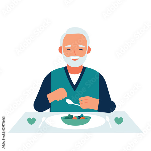 Elderly man eating healthy food. Vector illustration in flat style