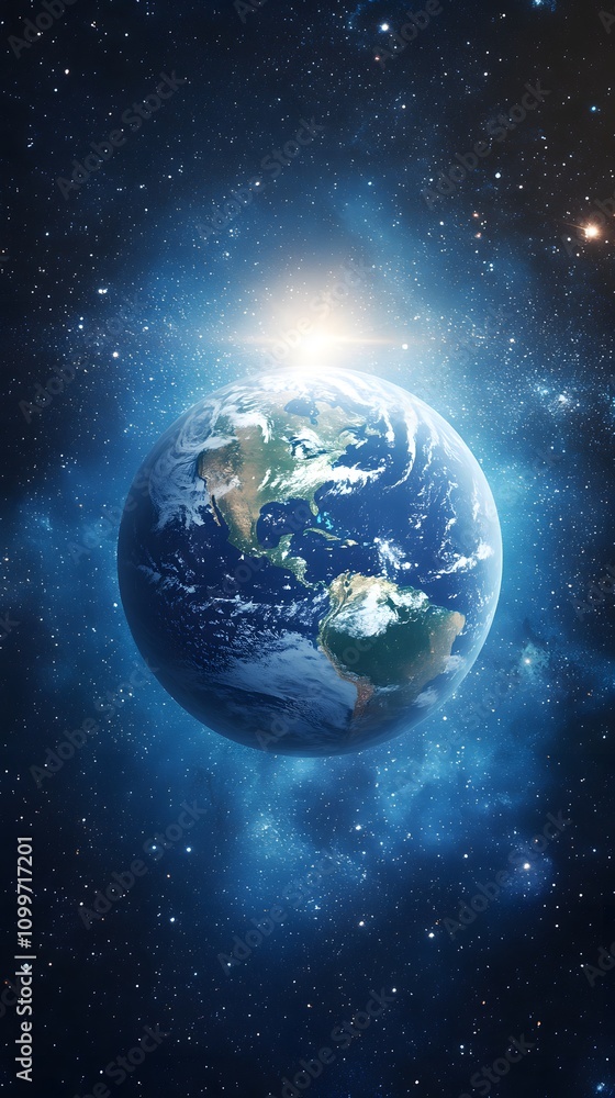 Obraz premium Vibrant Earth seen from space, illuminated by a radiant star in the background.
