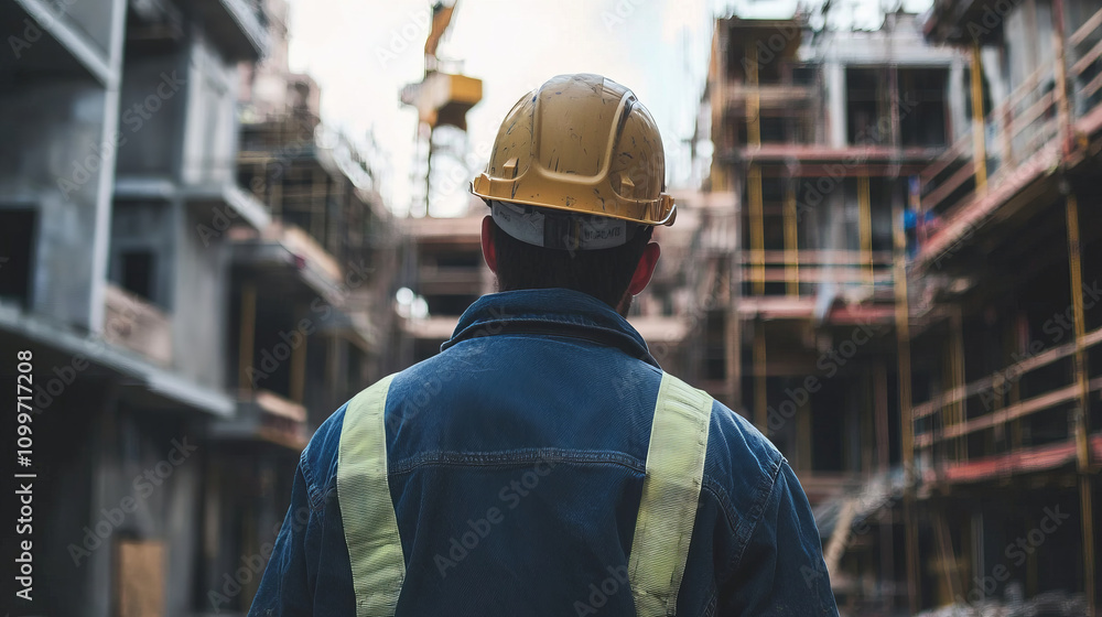 Obraz premium Young engineer observing ongoing construction work at site