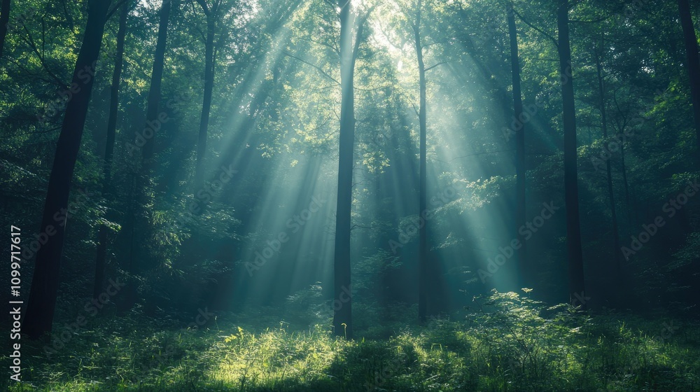 Obraz premium Serene forest scene illuminated by soft light beams filtering through tall trees, creating a tranquil and dreamy atmosphere.