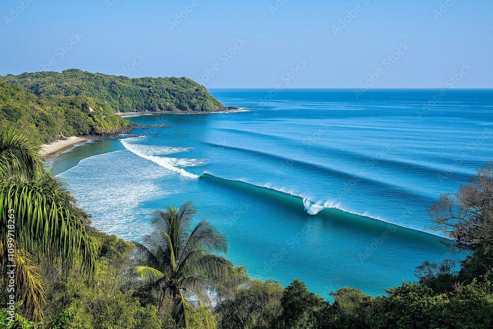 Naklejka premium A scenic view of a tropical beach with perfect ocean waves, lush greenery, and a serene blue sky, showcasing nature's tranquility and beauty