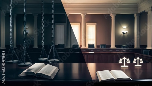 Law restriction and reform, Courtroom interior with scales of justice and open law books on a wooden table. photo