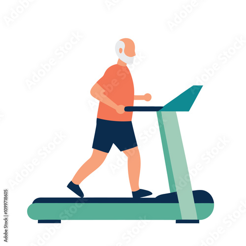 Elderly man running on a treadmill. Flat vector illustration.