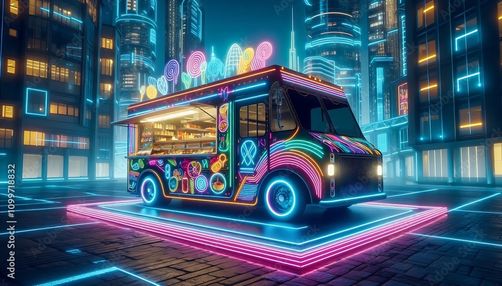 Obraz premium illuminated street food truck with colorful neon lights, parked against futuristic city backdrop