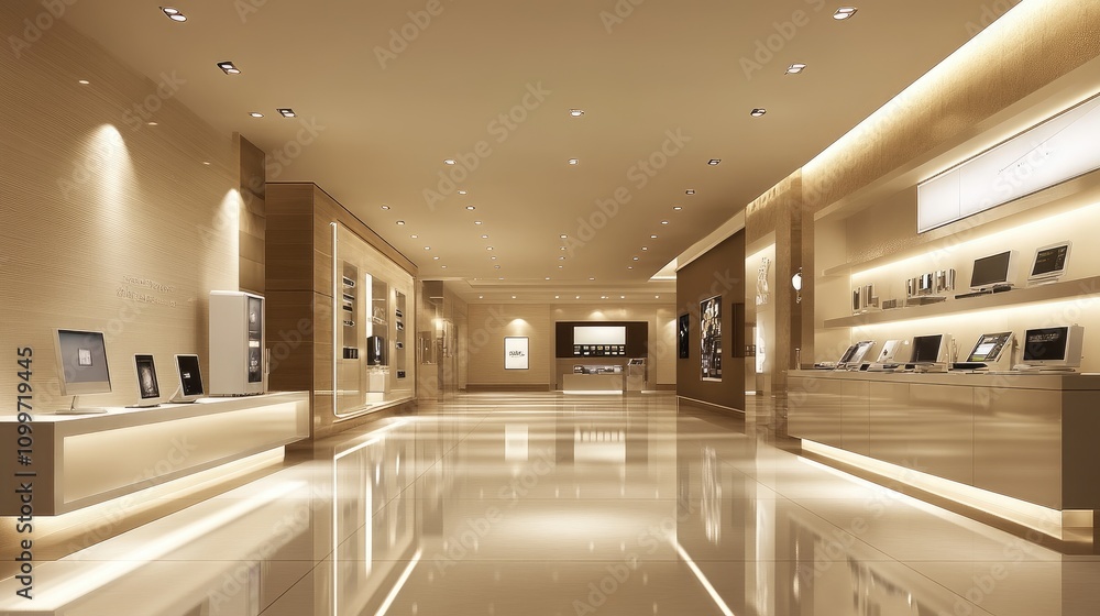 Obraz premium An upscale electronics showroom featuring sleek displays of the latest gadgets and appliances, surrounded by modern lighting and minimalist decor
