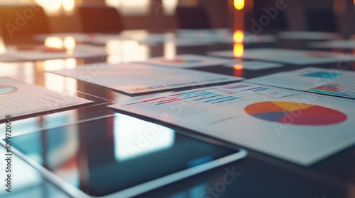 Wallpaper Mural An ultra-clear close-up of a polished boardroom table covered with neatly aligned business reports Torontodigital.ca