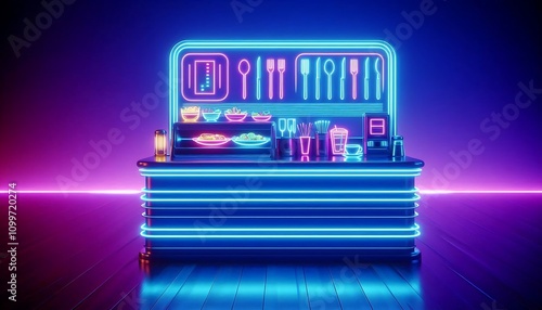 neon lit futuristic diner counter with glowing plates of food and utensils,featuring gradient blue and purple background