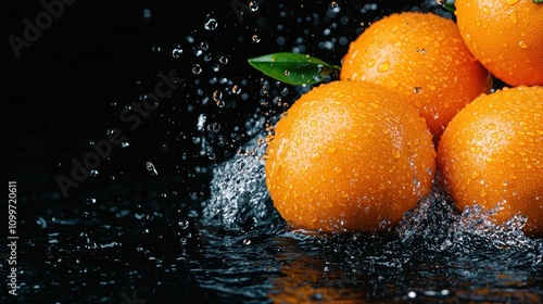 Fresh Oranges with Water Splashes on Black Background