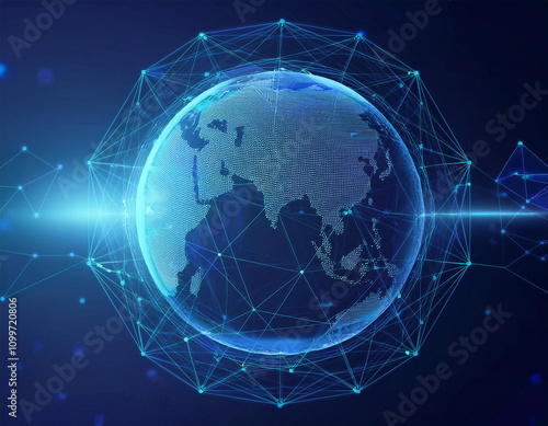 Floating blue plexus geometric. Blue futuristic background with planet Earth shape