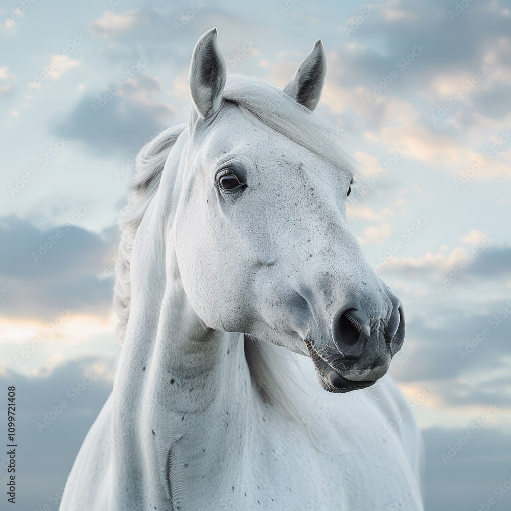 Fototapeta premium White horse against blue cloudy sky horse