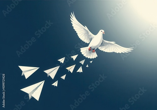 White dove soaring among origami paper planes in clear sky