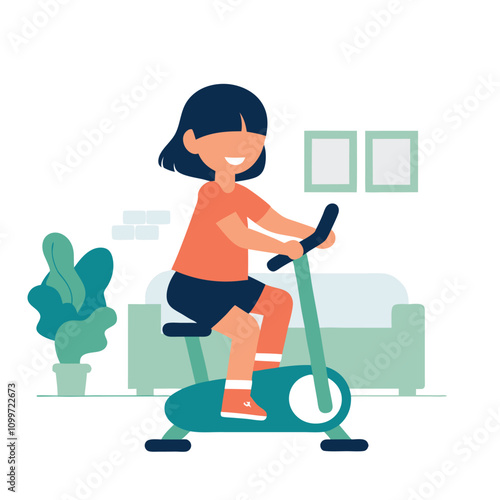 Little girl riding exercise bike at home. Flat style vector illustration.