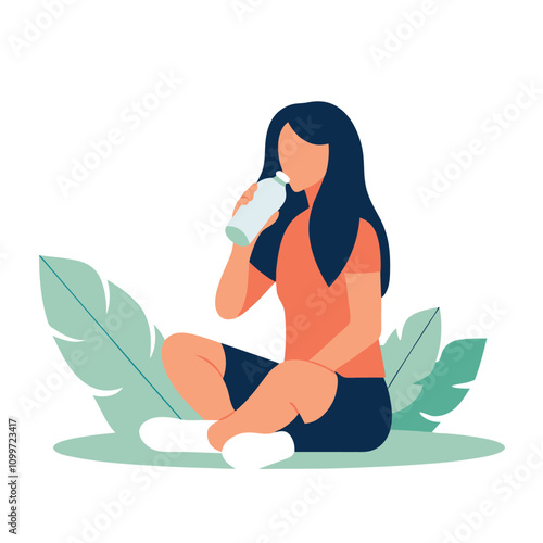 Young woman drinking water from a plastic bottle. Flat vector illustration.