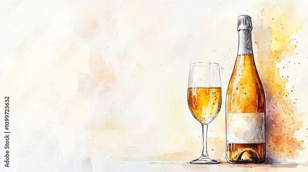 Watercolor bottle of sparkling cider with bubbles rising from the glass, on a white background Watercolor bottle of sparkling cider with bubbles rising from the glass, on a white background
