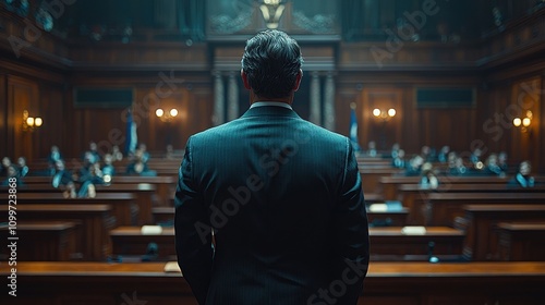 Man stands confidently in courtroom addressing a gathering of attentive jurors during a critical trial moment in the evening photo