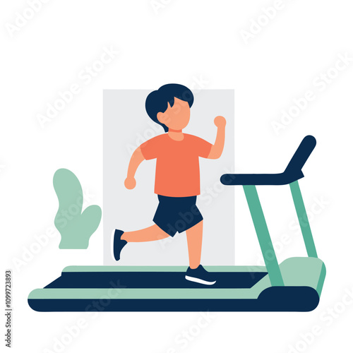Boy running on treadmill. Flat style vector illustration isolated on white background.