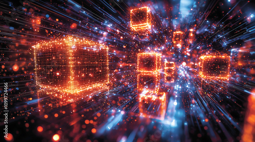 Wallpaper Mural Abstract digital art depicts glowing orange and blue cubes in motion surrounded by vibrant light trails and data streams Represents highspeed network data transmission and futuristic technology Torontodigital.ca