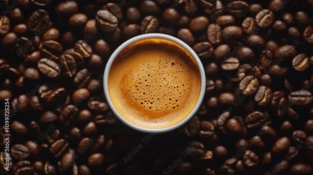 Fototapeta premium Coffee cup viewed from above, featuring a rich espresso topped with crema, surrounded by an array of dark roasted coffee beans.