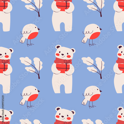 Cute polar bear, bullfinch bird and snow branch seamless pattern. Christmas ornament on blue background.
