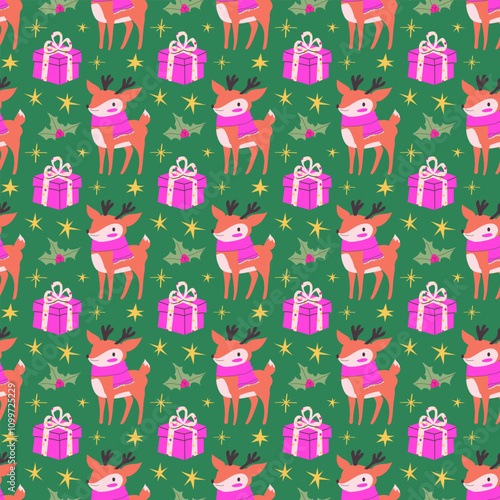 Bright festive seamless pattern with deer, gift box and ostrich. Endless winter Christmas ornament in fancy colors.