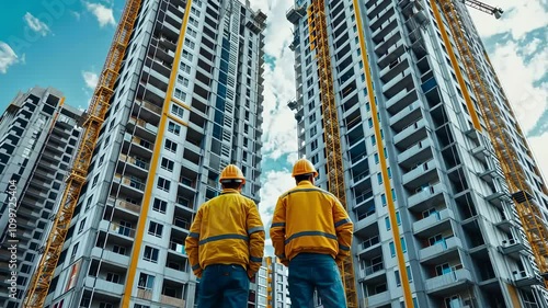 Leadership in construction: management roles, project supervision, task delegation, construction planning, teamwork, construction execution, engineer involvement, architectural planning. photo