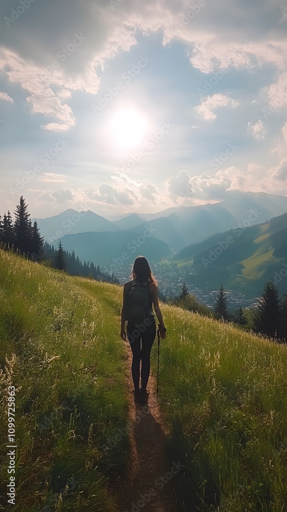 Fototapeta premium Female hiker exploring a scenic mountain trail under a bright sky.