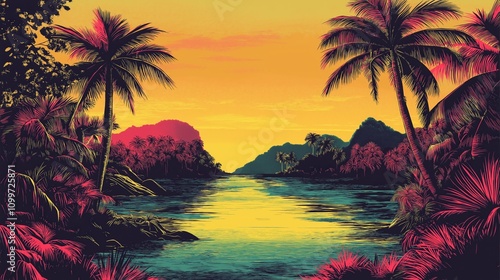 Tropical Island Sunset with Palm Trees photo