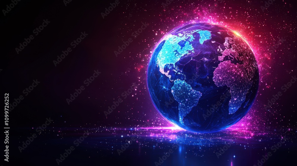Fototapeta premium Stunning Digital Representation of Earth with Vibrant Cosmic Background and Sparkling Stars, Illustrating the Beauty of Our Planet from Space at Night