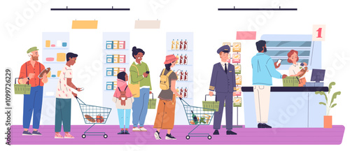 Supermarket queue. Tired consumers in line waiting saleswoman or cashier checkout in grocery store counter, standing customers product purchase, shopping classy vector illustration