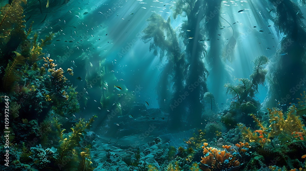 Fototapeta premium A serene underwater scene showcasing vibrant marine life and lush vegetation, illuminated by sunlight.