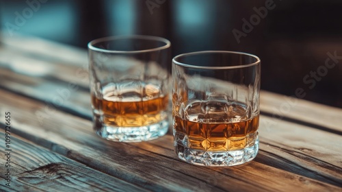 Two whiskey glasses placed on a wooden surface photo