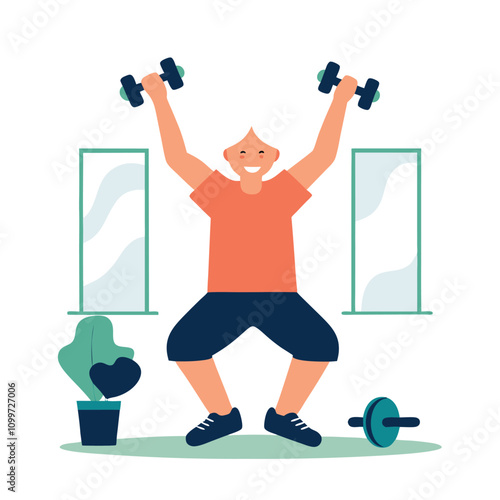 Fat man doing exercises with dumbbells. Flat vector illustration.