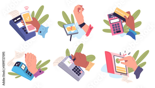 Hand contactless payments. Cashless wireless pos terminal paying processing smart watches cash credit card qr code scan mobile device, ringing purchase classy vector illustration