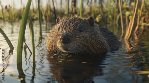 Coypu a semiaquatic herbivorous rodent from the Myocastoridae family swimming in a lake surrounded by wetlands and wildlife photo