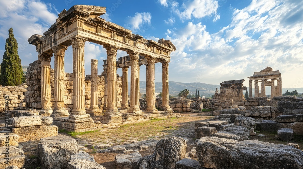 Obraz premium Ancient temple ruins showcasing intricate stone carvings and majestic columns under a blue sky with wispy clouds.